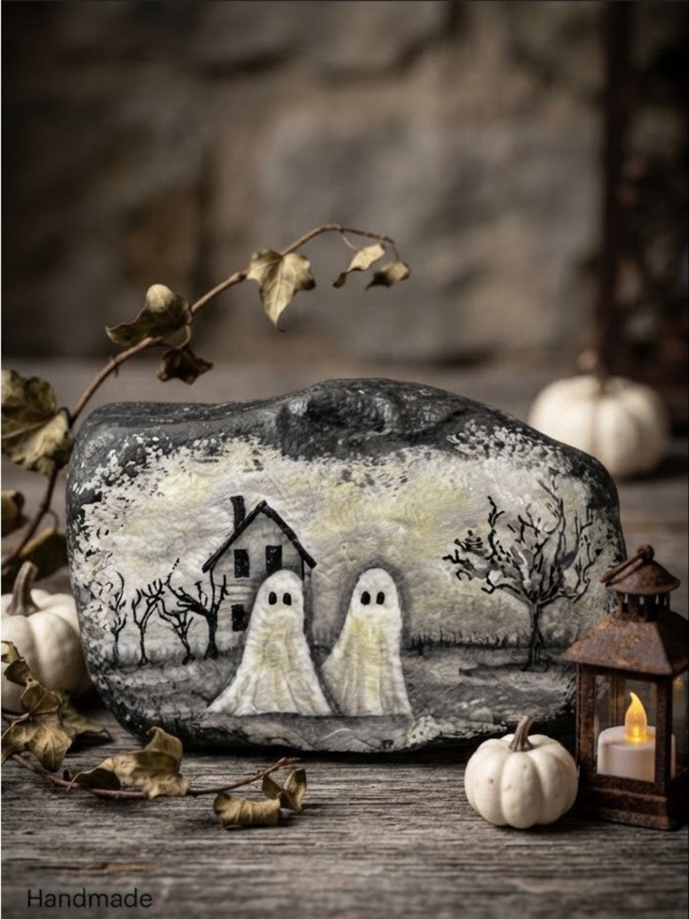 Halloween Hand Painted Rock Decor | Ghosts & Haunted House | One of a Kind Art